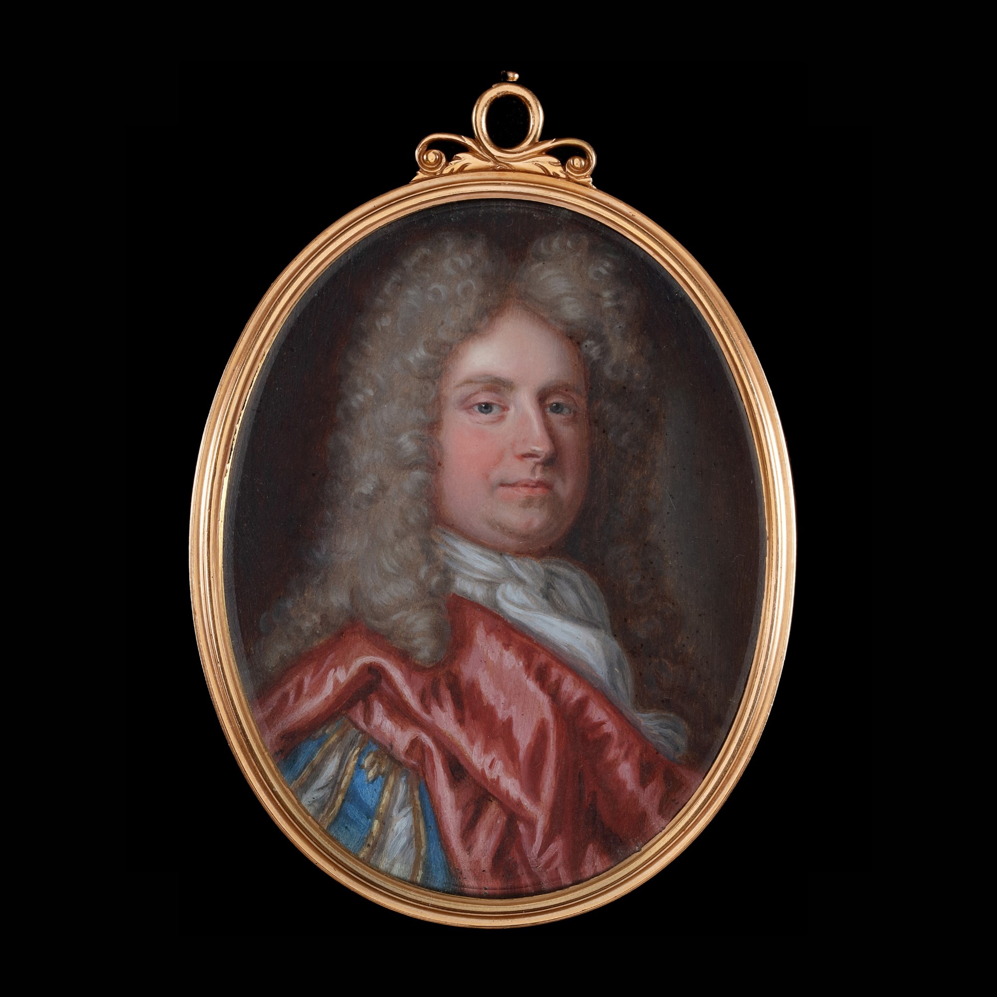 Portrait of a Gentleman, possibly John Rawdon 3rd Bt., wearing white stock, red cloak, and blue jacket with slashed sleeves trimmed with gold, his hair powdered
